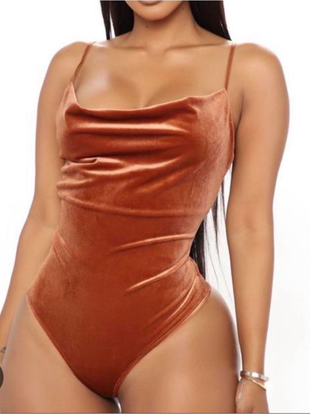 Fashion Nova Copper Velvet Spaghetti Strap Bodysuit